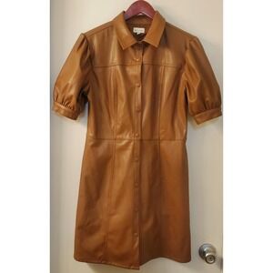 Kit +Sky Dress L Vegan Chestnut Faux Leather Snap Close Puff Short Sleeve